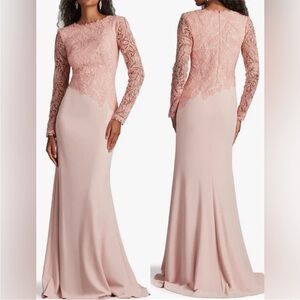 Tadashi Shoji Embroidered Leaf Print Long Sleeve Gown Adobe Blush, SIZE 6